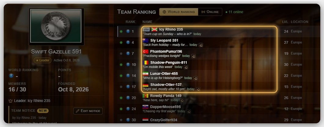 OGC Open - team page with crest panel, status lines and online indicator